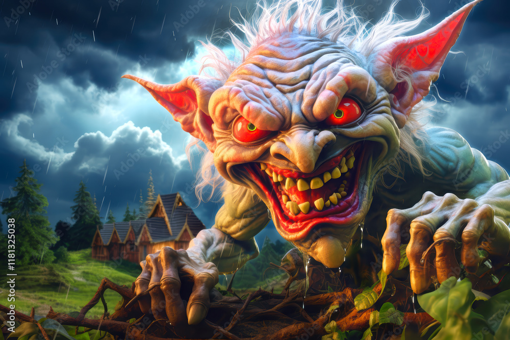 Fototapeta premium Goblin in front of a stormy sky with lightning, AI generated