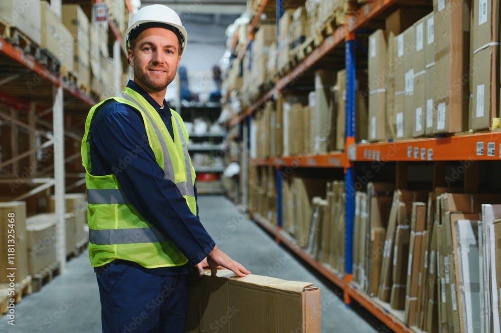 Warehouse worker in blue uniform holding a large cardboard box. Stacks of boxes are visible in the background Warehouse worker in blue uniform holding a large cardboard box. Stacks of boxes are visible in the background