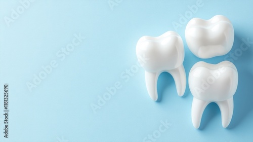 Three white teeth models on a light blue background. photo