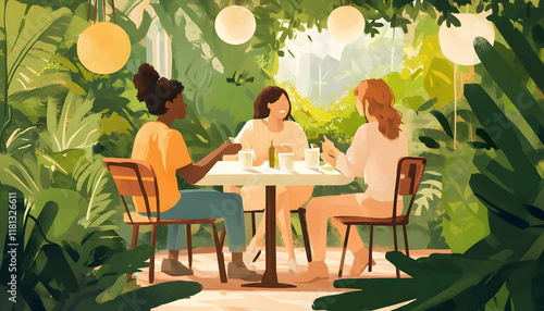 Friends enjoying lively conversation at an outdoor caf?(C), surrounded by greenery  -