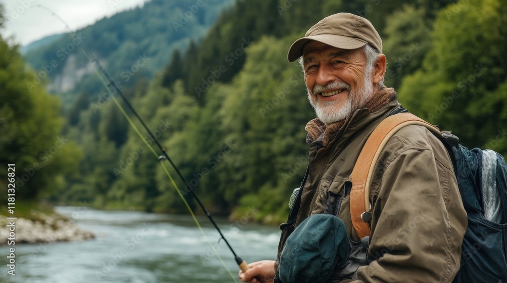 A man is smiling and holding a fishing rod. He is wearing a hat and a backpack. The scene is set in a forest near a river A man is smiling and holding a fishing rod. He is wearing a hat and a backpack. The scene is set in a forest near a river