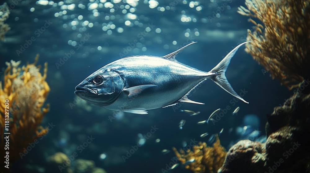 Fototapeta premium A vibrant underwater scene featuring a fish swimming amidst aquatic plants and small fish.
