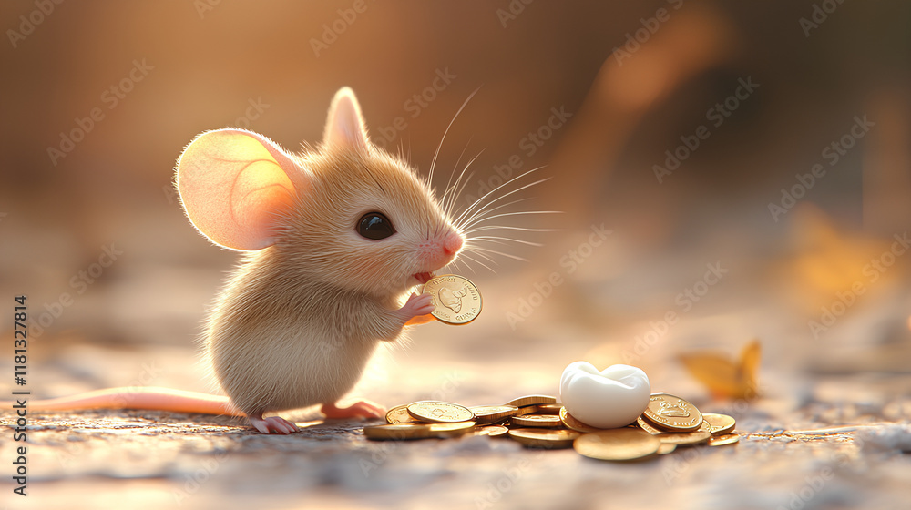 The little mouse picks up a baby tooth and puts coins in its place The little mouse picks up a baby tooth and puts coins in its place