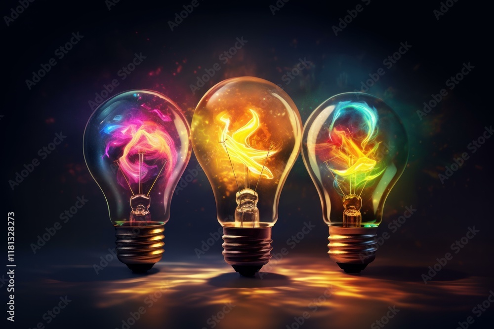 Three colorful light bulbs are glowing with vibrant energy, representing creativity, innovation, and new ideas Three colorful light bulbs are glowing with vibrant energy, representing creativity, innovation, and new ideas