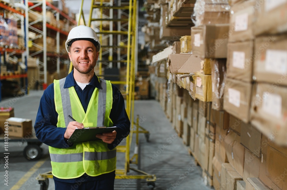 Portrait of warehouseman with clipboard checking delivery, stock in warehouse Portrait of warehouseman with clipboard checking delivery, stock in warehouse