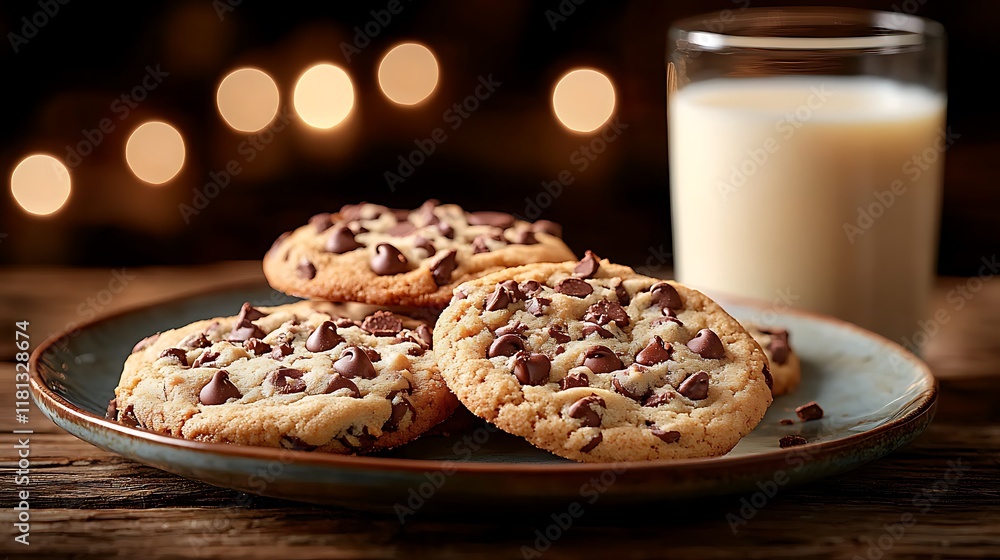 Plate of freshly baked chocolate chip cookies on a rustic wooden table accompanied by a glass of milk and soft natural lighting Plate of freshly baked chocolate chip cookies on a rustic wooden table accompanied by a glass of milk and soft natural lighting