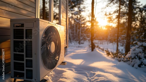 A heat pump on the side of an electric house in winter, with snow-covered ground and trees under sunset lighting