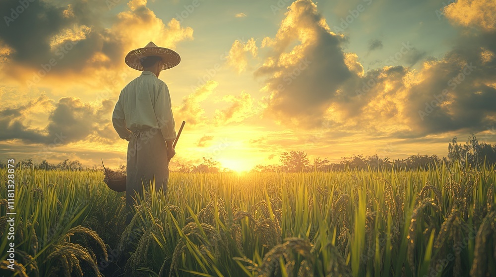 Fototapeta premium A Thoughtful Man Standing Alone in a Lush Green Field Surrounded by Nature's Beauty and Calmness