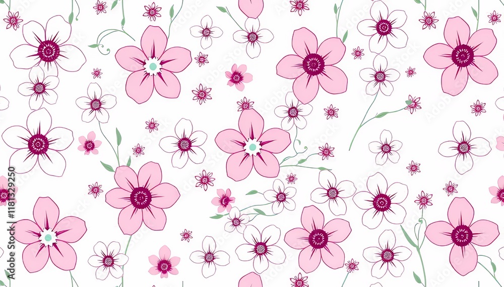 Delicate Pink Floral Pattern: Seamless Hand-Drawn Flower Design for Textile and Wallpaper