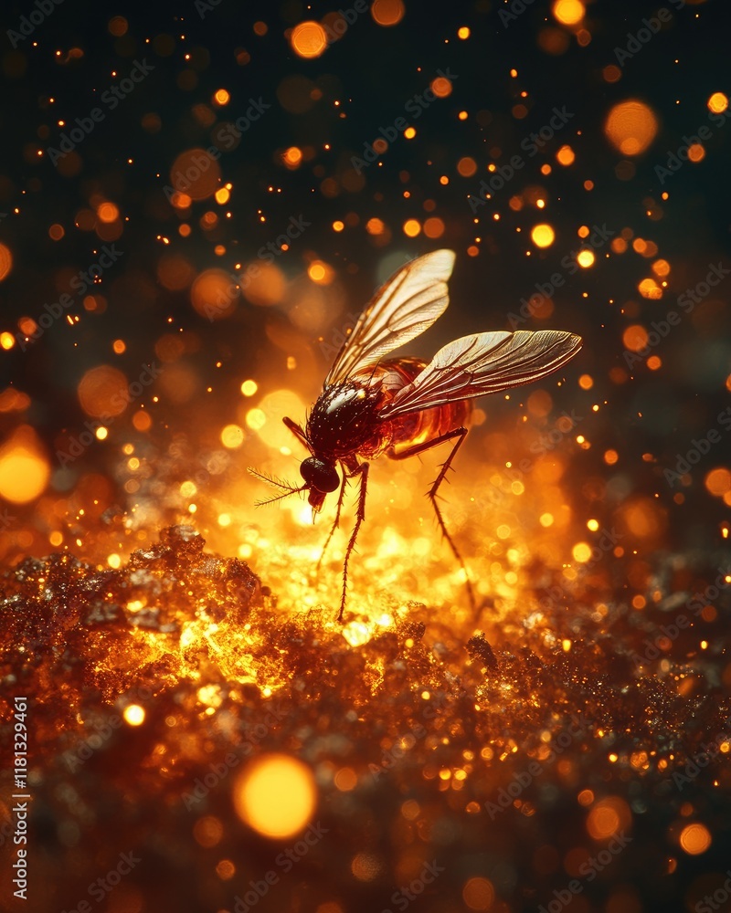 Naklejka premium A close-up of a mosquito on a shimmering surface with golden particles.