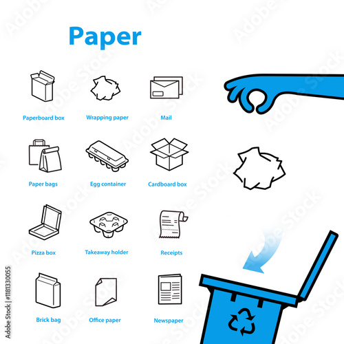 Ready sets of icons for separating paper waste. Vector elements are made with high contrast, well suited to different scales and on different media. Ready for use in your design. EPS10.