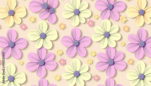 Wallpaper Mural Pastel Paper Flowers Seamless Pattern: Soft Pink, Yellow Floral Background Texture Torontodigital.ca