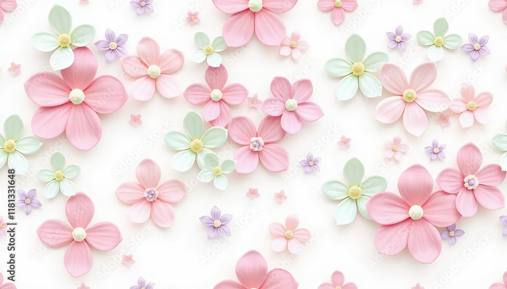 Pastel Pink, Green, and Purple Paper Flowers on White Background: A Delicate Floral Pattern Pastel Pink, Green, and Purple Paper Flowers on White Background: A Delicate Floral Pattern