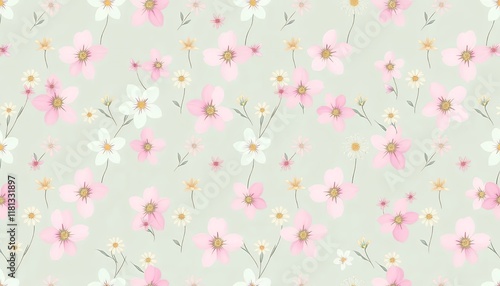 Seamless Pastel Floral Pattern with Delicate Pink and White Flowers on a Green Background
