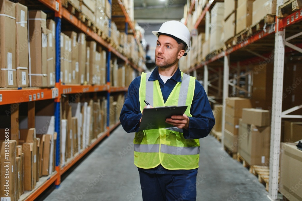 Portrait of a handsome warehouse worker in overalls and a helmet Portrait of a handsome warehouse worker in overalls and a helmet