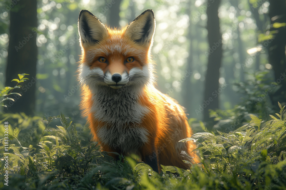 Naklejka premium A red fox moving gracefully through a lush forest, highlighting the beauty of its vibrant fur and the peaceful atmosphere of the forest environment.