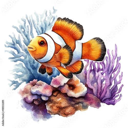 A watercolor vector of a clownfish in a coral reef, isolated on a white background. Clownfish vector.
