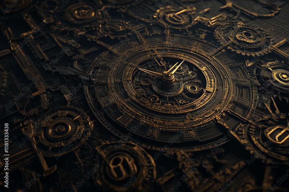 Obraz premium A fractal clock with endlessly spinning gears and patterns of time.