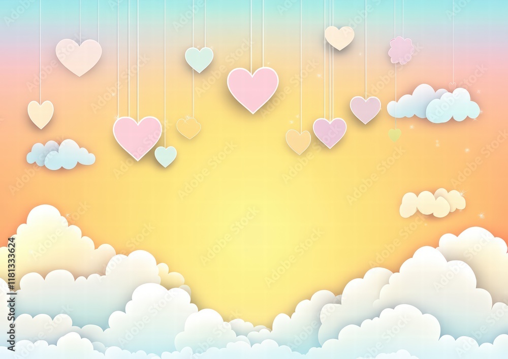 Obraz premium Happy Valentine's Day background with paper-cut clouds and hearts. A red heart shape hangs from a white cloud