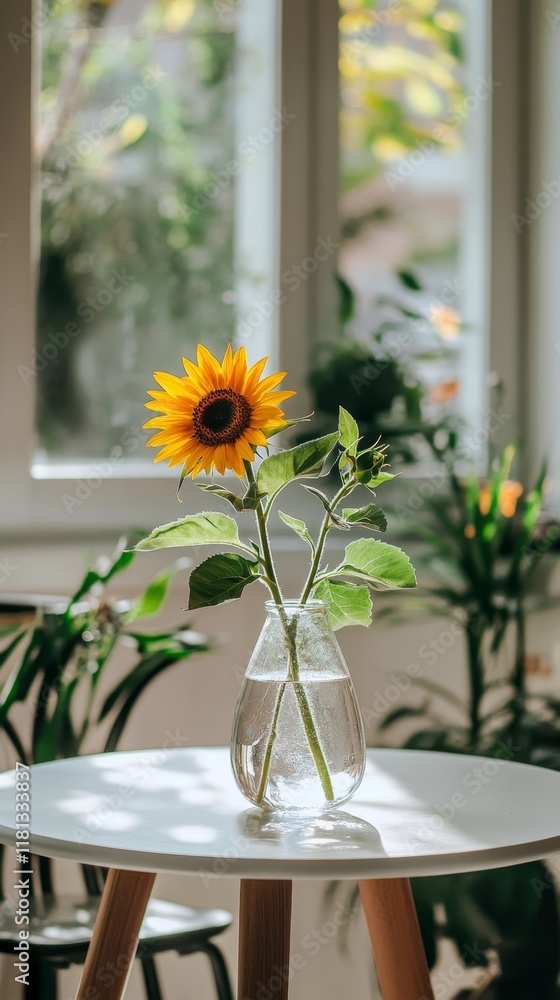 Fototapeta premium Vibrant Sunflower in a Clear Vase on a White Table Indoor Setting