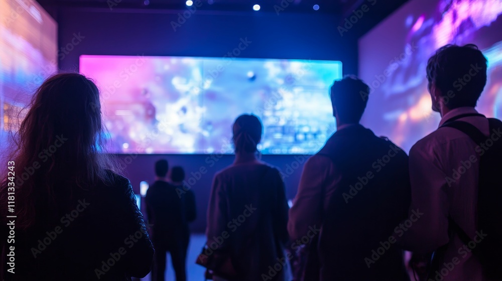 Fototapeta premium Silhouetted people watch vibrant screen display.