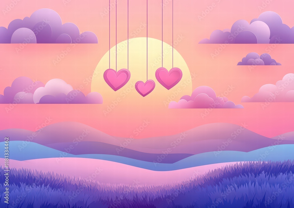 Happy Valentine's Day background with paper-cut clouds and hearts. A red heart shape hangs from a white cloud Happy Valentine's Day background with paper-cut clouds and hearts. A red heart shape hangs from a white cloud