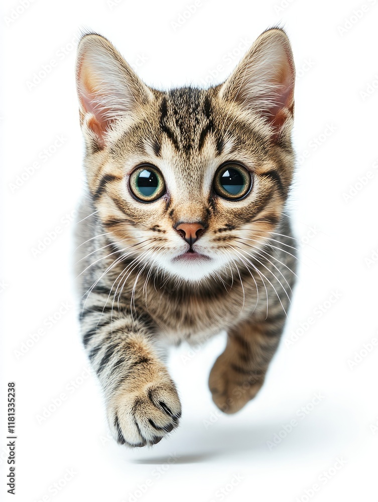 Fototapeta premium A playful kitten with striking eyes running towards the viewer on a white background.
