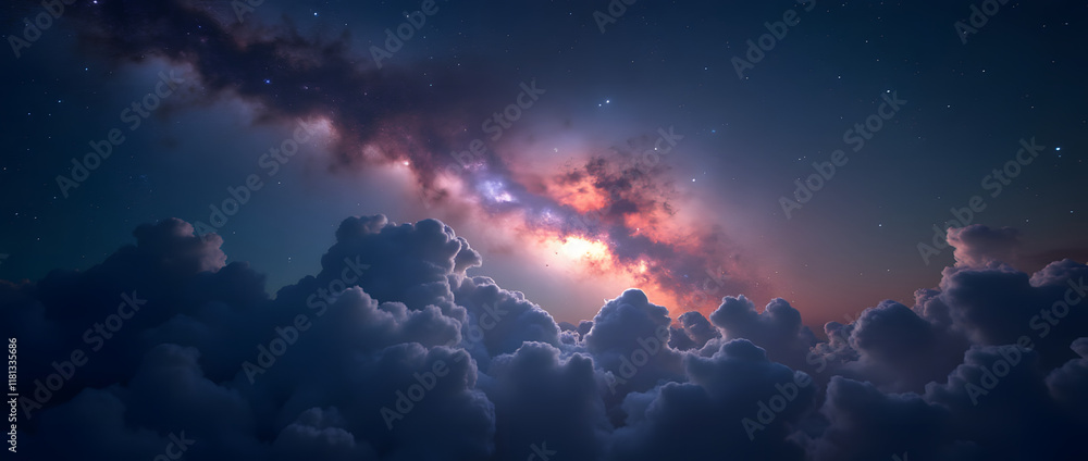 Fototapeta premium Night sky full of stars. A universe adorned with clouds, nebulae, and galaxies. Cosmic scenery with stardust and the Milky Way. Enchanting galaxy and space backdrop.
