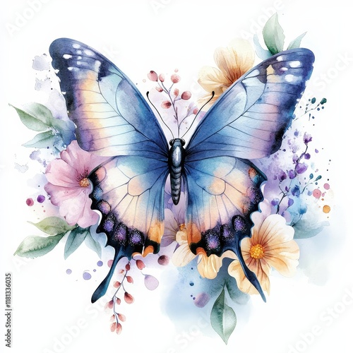 Beautiful Blue Butterfly Surrounded by Colorful Flowers and Soft Pastels photo