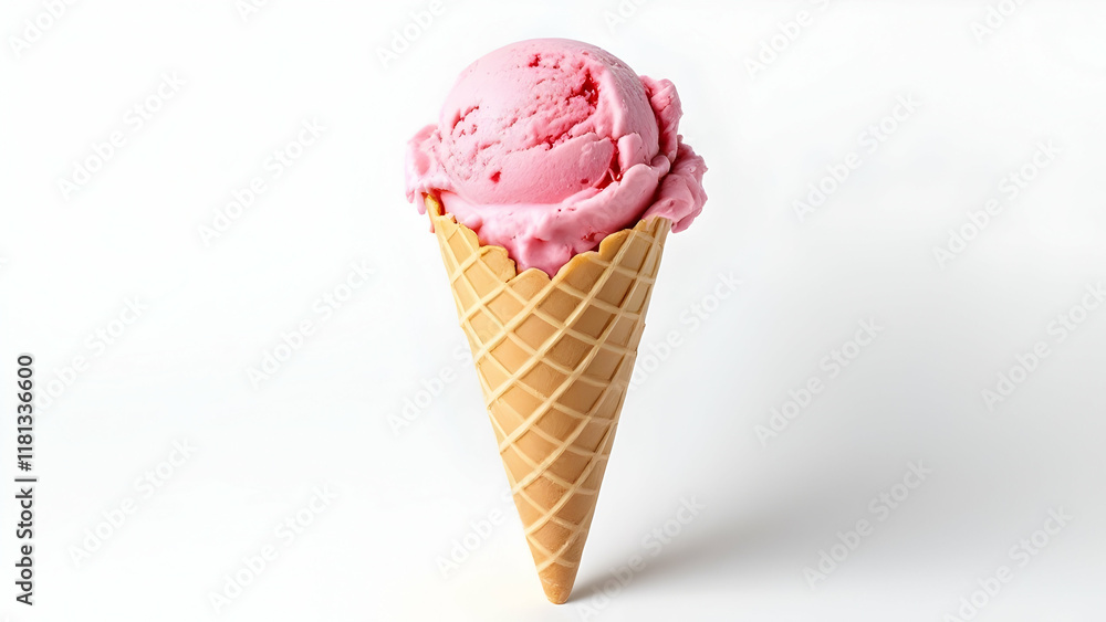 Pink Ice Cream in Waffle Cone on White Background Pink Ice Cream in Waffle Cone on White Background