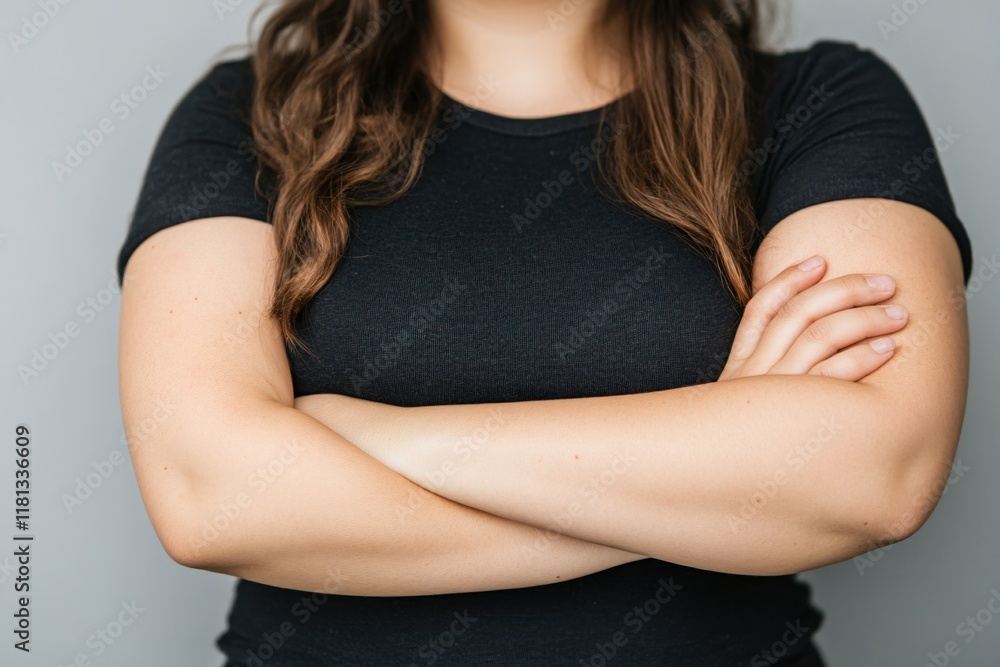 Confident Woman with Arms Crossed in Front of Gray Background Showing Strong Posture Confident Woman with Arms Crossed in Front of Gray Background Showing Strong Posture
