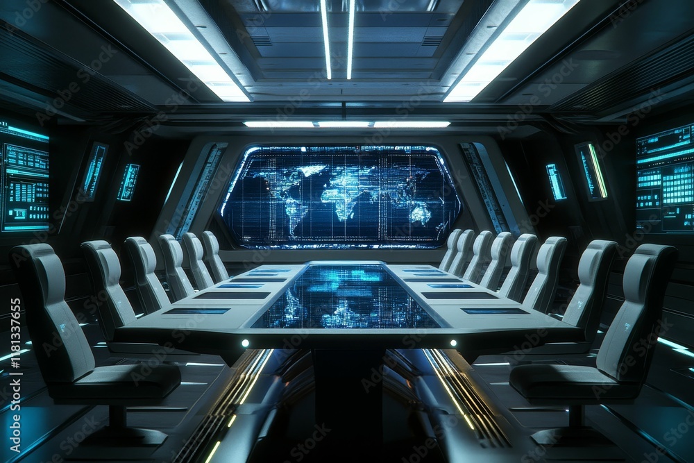 Obraz premium Futuristic conference room; global data display; sleek chairs.