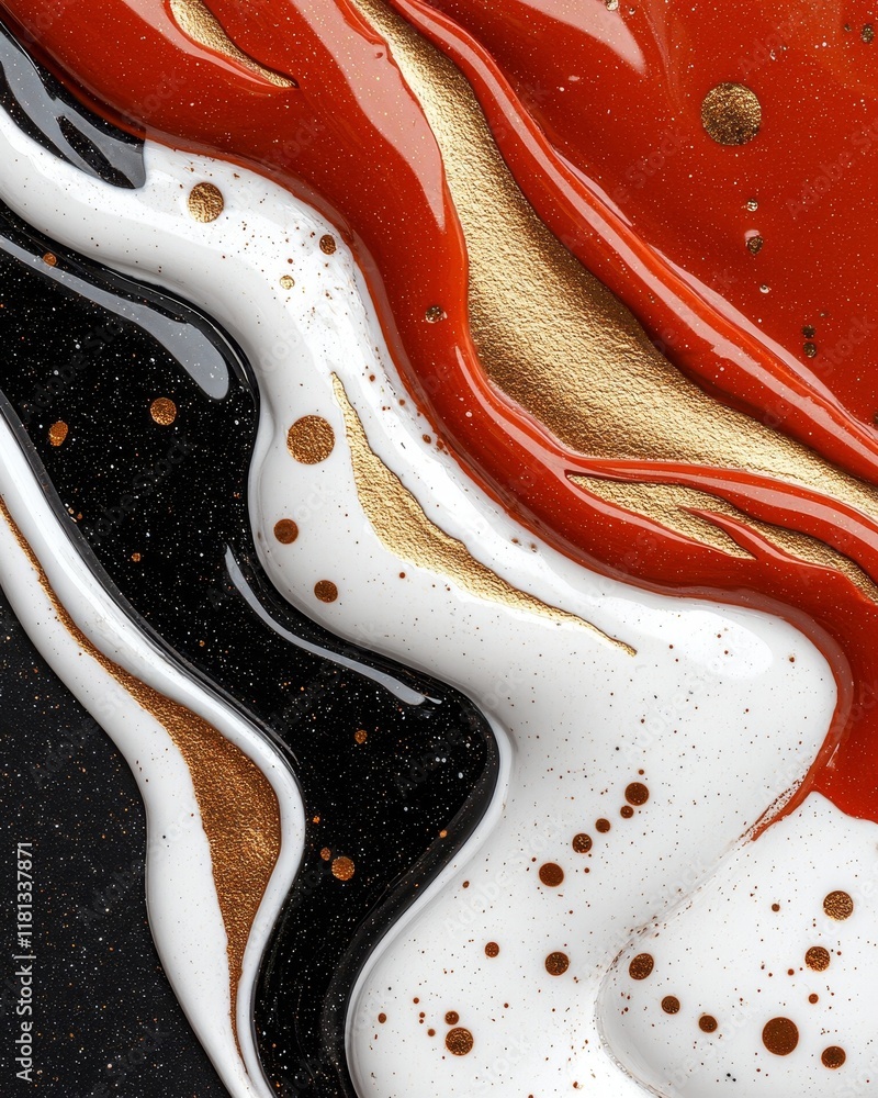 Obraz premium Abstract Fluid Art Swirling Black White Gold and Burnt Orange Paint Texture