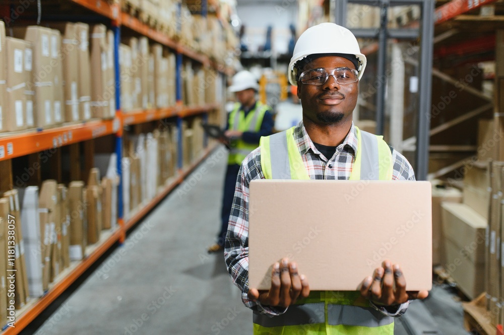 african american Warehouse worker holding delivery box african american Warehouse worker holding delivery box