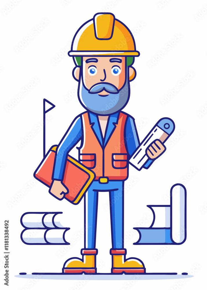 Minimalist construction worker character wearing a hard hat and holding a blueprint. Simple isolated vector illustration of a professional builder in safety gear.
Minimalist construction worker character wearing a hard hat and holding a blueprint. Simple isolated vector illustration of a professional builder in safety gear.