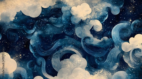 Winter night sky with stars over a blue sea and glowing moon, featuring a peaceful ocean landscape with snow and Christmas tree decorations