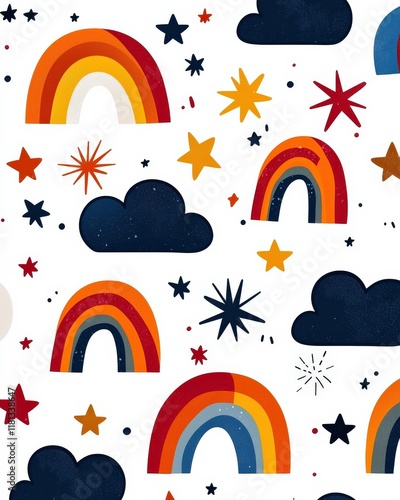 A colorful weather-themed background featuring rainbows, stars, and clouds,