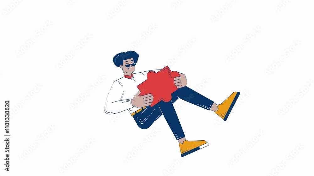 Business casual hispanic man holding large puzzle piece 2D character doodle animation. Solution cartoon 4K video drawing. Problem solving. Latino guy reclining animated person on white background Business casual hispanic man holding large puzzle piece 2D character doodle animation. Solution cartoon 4K video drawing. Problem solving. Latino guy reclining animated person on white background