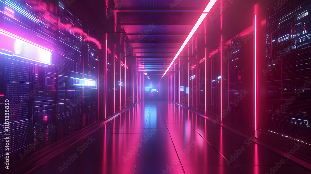 High-tech data center corridor with servers and digital internet connectivity projections, showcasing futuristic technology - High-tech data center corridor with servers and digital internet connectivity projections, showcasing futuristic technology -