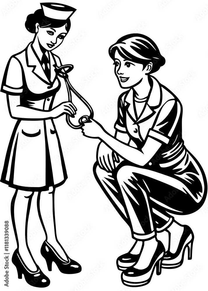 Line Art Of Nurse checking patient’s health. Female medical professional administering vaccine, healthcare worker giving injection Line Art Of Nurse checking patient’s health. Female medical professional administering vaccine, healthcare worker giving injection