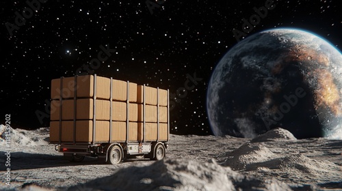 A lunar truck loaded with boxes stands on the moon's surface, with Earth visible in the distance, creating a surreal space transport scene.