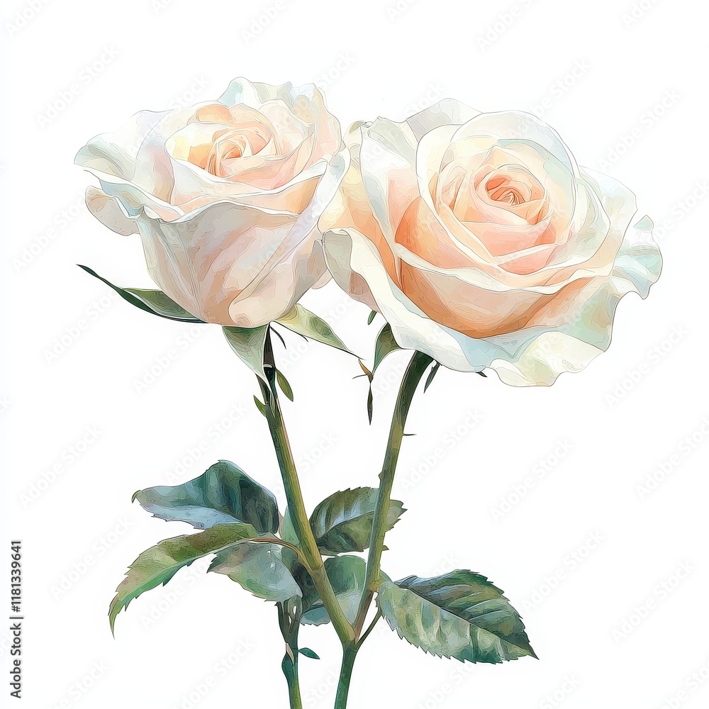 Obraz premium Delicate Watercolor Painting Of White Roses With Green Leaves, Showcasing Elegance And Natural Beauty. Perfect For Romantic Home Décor And Botanical Art Themes.