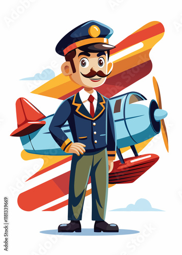 Professional airline pilot standing confidently in uniform against airplane. Experienced aviator ready for flight, isolated character vector illustration.

