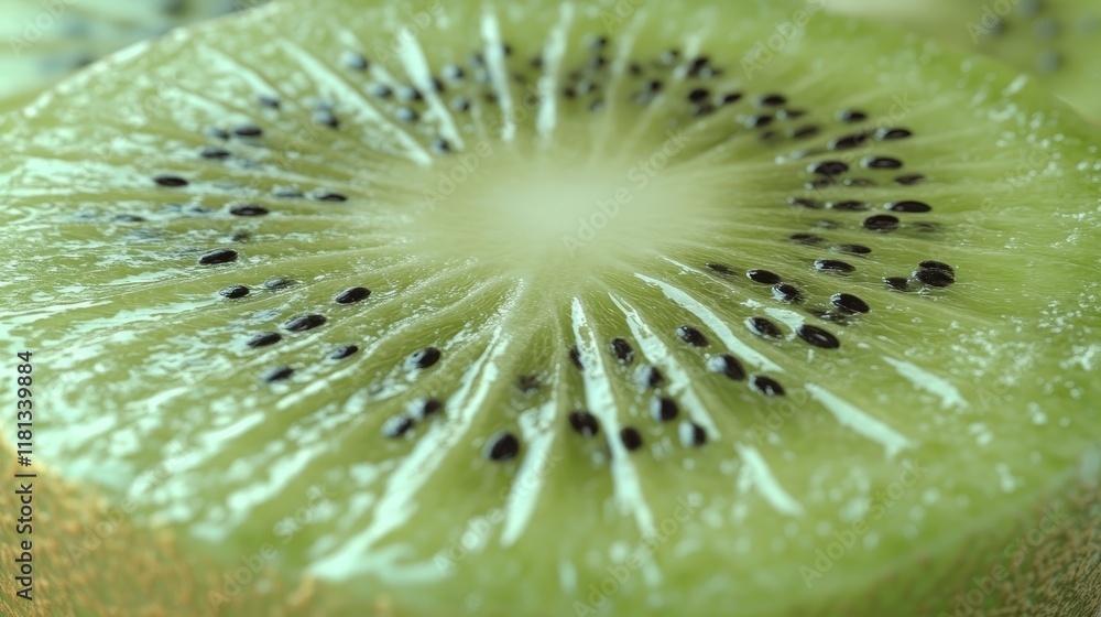 Close-up of a sliced kiwi showcasing its vibrant green flesh and black seeds. Close-up of a sliced kiwi showcasing its vibrant green flesh and black seeds.