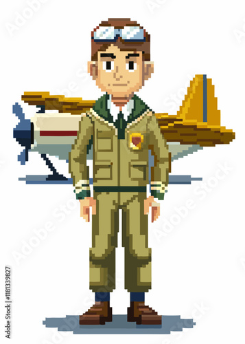 Pixelated pilot in uniform standing against airplane. Retro 8-bit aviation character, isolated vector illustration. Professional airline captain in pixel art style.