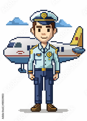 Pixelated pilot in uniform standing against airplane. Retro 8-bit aviation character, isolated vector illustration. Professional airline captain in pixel art style.