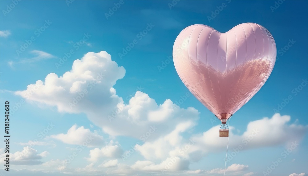 Fototapeta premium Pink Heart-shaped balloon floating in a blue sky with clouds, valentine day
