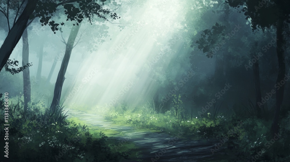 Fototapeta premium Misty Forest Path with Sunlight Filtering Through Green Trees