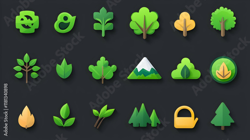 Green nature icons collection on dark background; eco-friendly app design elements. photo