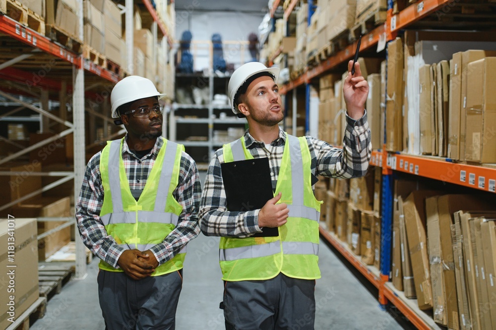 Two warehouse workers are walking through the facility, engaged in conversation about logistics, supply chain management, and inventory Two warehouse workers are walking through the facility, engaged in conversation about logistics, supply chain management, and inventory